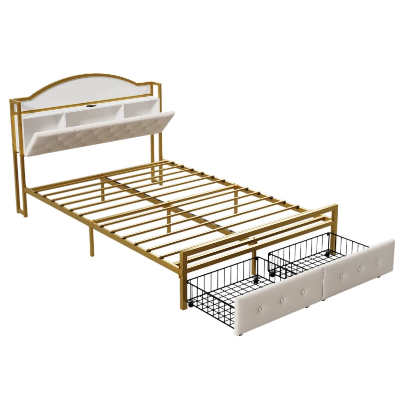 Lit multifonction 140×200 cm, compartiment de rangement intégré dans la tête de lit, prise USB et double tiroirs au pied du lit, sans matelas, Or+Blanc