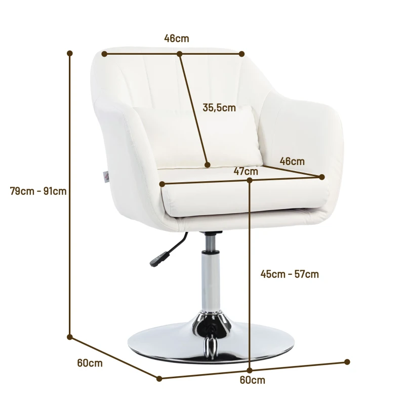 HOMCOM Cadeira de Escritório Giratória 360° Tamborete de Bar Cozinha Cabeleireiro com Encosto Envolvente Altura Ajustável 60x60x79-91 cm Branco