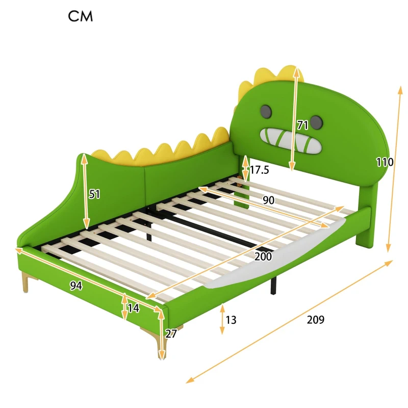 Letto Imbottito per Bambini 4+ Anni a Forma di Dinosauro con Doghe in Legno, Rivestimento in Pelle PU, Senza Materasso, 90×200 cm, Verde