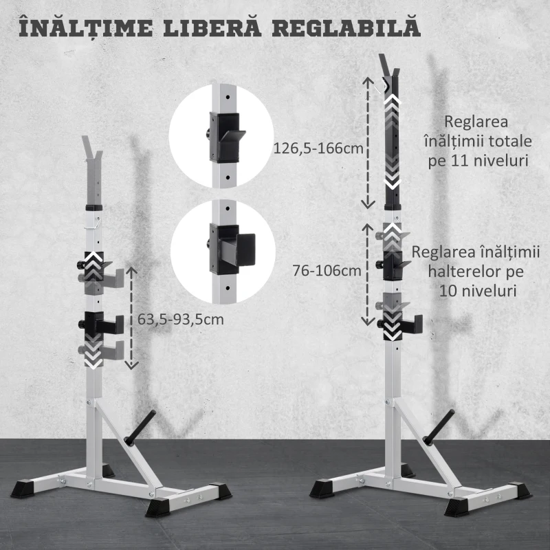 HOMCOM Set 2 Suporturi pentru Gantere cu 3 Cârlige, Înălțime Reglabilă și Capacitate de 200 kg, 58,5x75,5x176 cm, Argintiu