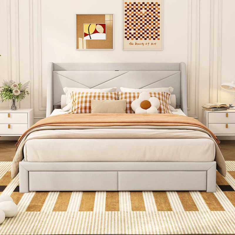 Lit rembourré 140x200 cm, avec rangement intégré dans la tête de lit, prise USB, et tiroirs au pied, sans matelas, Beige