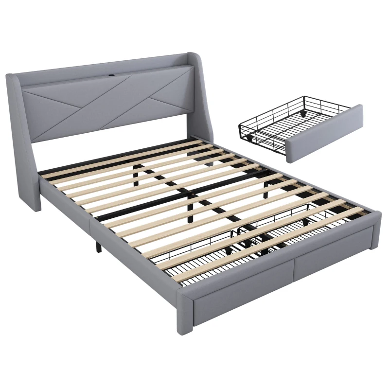 Letto imbottito con vano contenitore nella testiera, presa USB e cassetti alla base, senza materasso,140×200 cm, Grigio