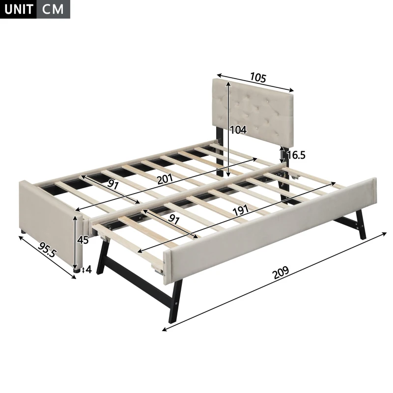 Lit gigogne 90x200 cm ,avec sommier à lattes et tiroir roulant,sans matelas, Beige