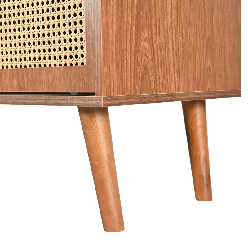Sideboard 120 cm breit, Rattan Design mit verstellbaren Ablagen, massives Holzbein, für Wohnzimmer, Walnuss