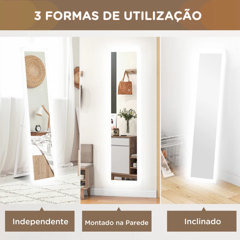 HOMCOM Espelho de Pé com Luz LED 40x160 cm Espelho de Corpo Inteiro com Iluminação de 3 Cores Tátil Função de Memória Branco