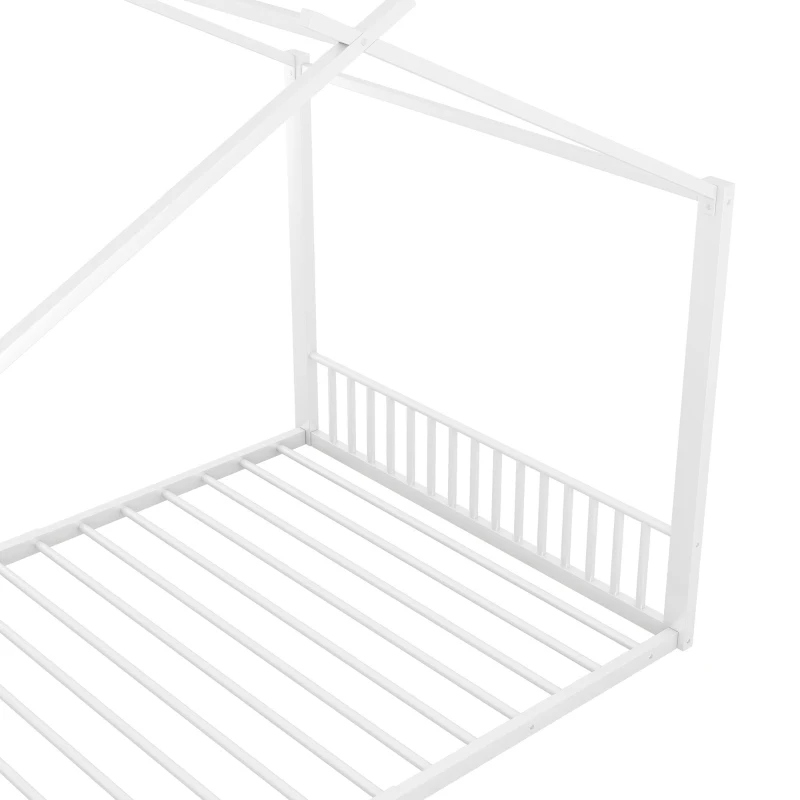 Letto Montessori a Forma di Casa con Struttura in Metallo e MDF, Letto per Cameretta per Bambini 4+ Anni, Senza Materasso, 140×200 cm, Bianco