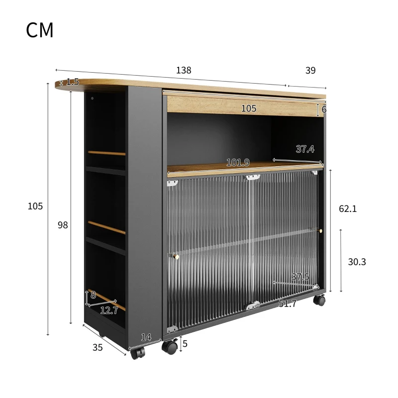 Table de bar extensible avec rangement, avec LED, Table haute bistrot îlot de cuisine, Grand espace de rangement, 138-204×39×105 cm, Noir