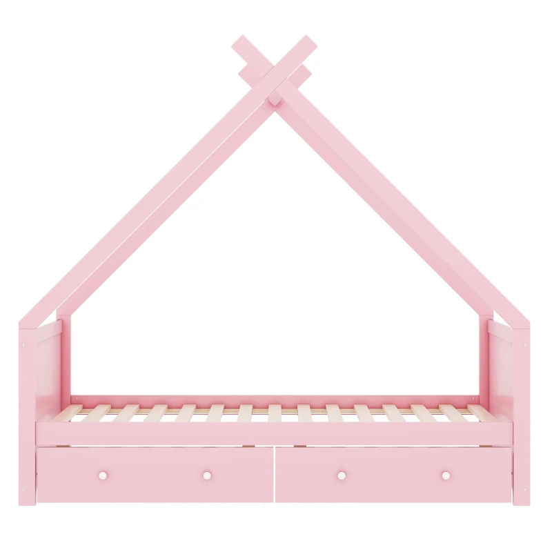Letto per bambini a forma di casa, due cassetti sotto, senza materasso, 90×200 cm, Rosa