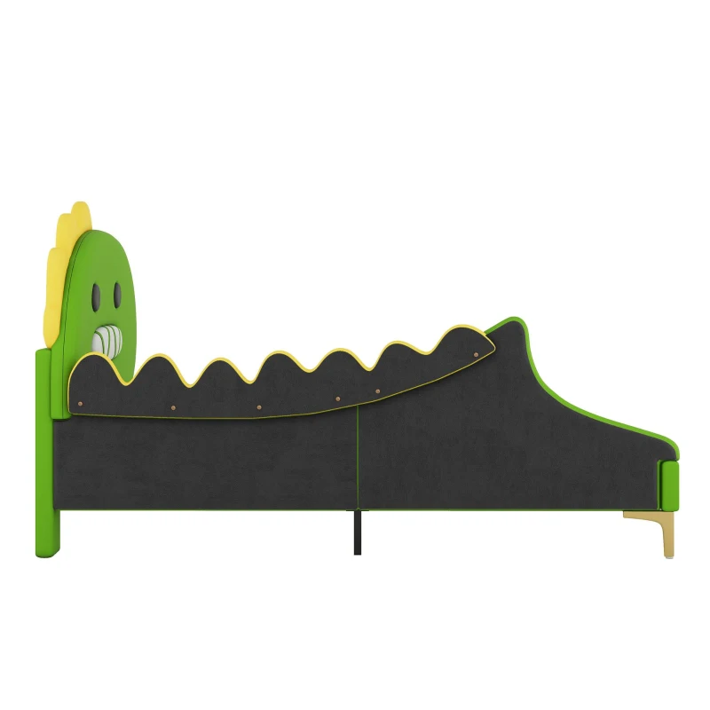 Letto Imbottito per Bambini 4+ Anni a Forma di Dinosauro con Doghe in Legno, Rivestimento in Pelle PU, Senza Materasso, 90×200 cm, Verde