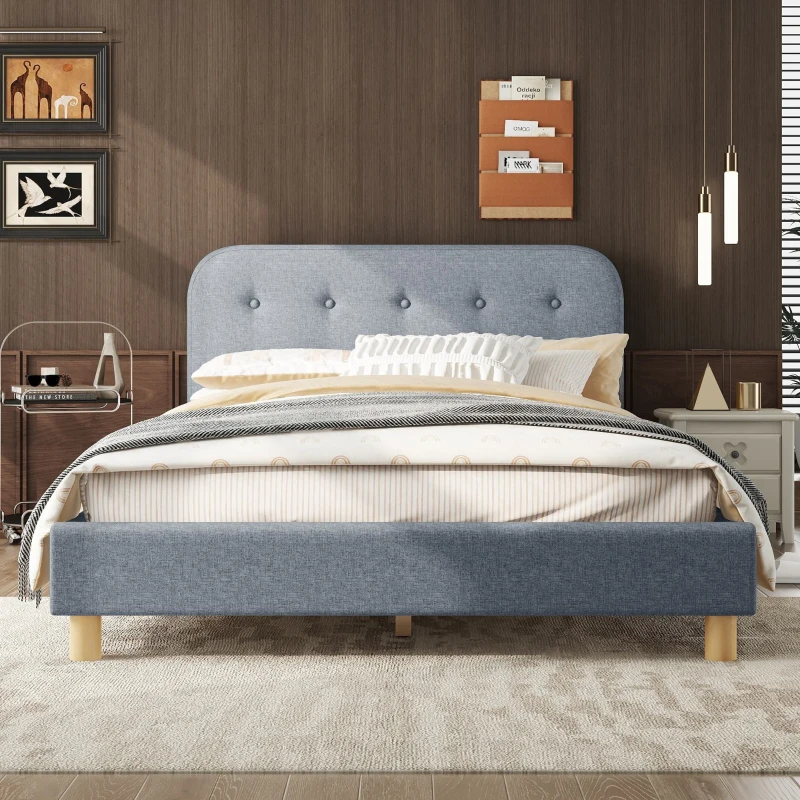 Lit rembourré en lin de 140×200 cm, sans matelas, Gris