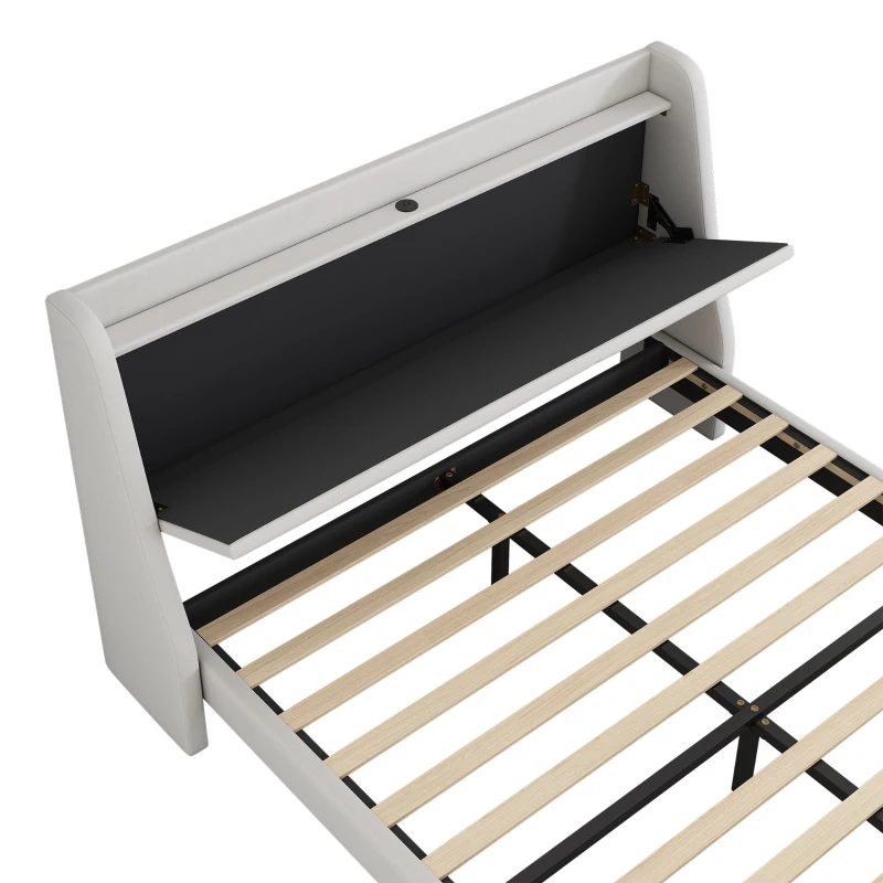 Lit rembourré 140x200 cm, avec rangement intégré dans la tête de lit, prise USB, et tiroirs au pied, sans matelas, Beige