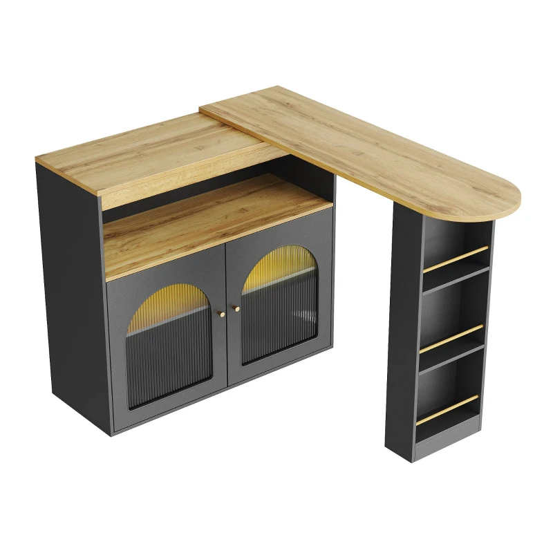 Table de bar extensible moderne, table à manger avec rangement, rotatif, avec bande lumineuse LED, 138-193×39×105 cm, Noir