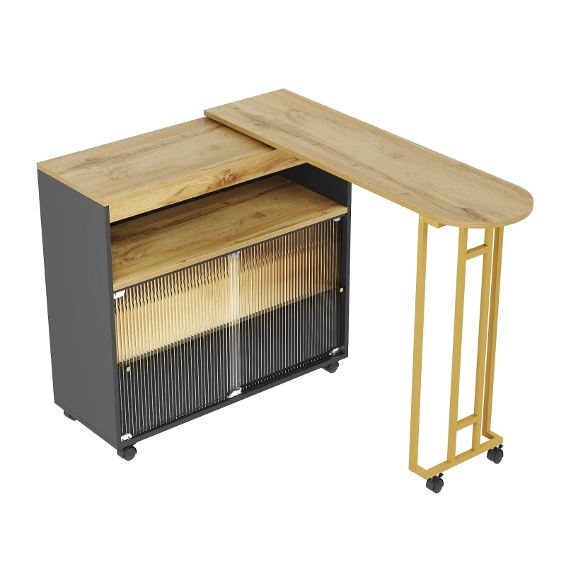 Table de bar extensible avec rangement, avec LED, mobile, Table haute bistrot îlot de cuisine, 138-204×39×105 cm, Noir