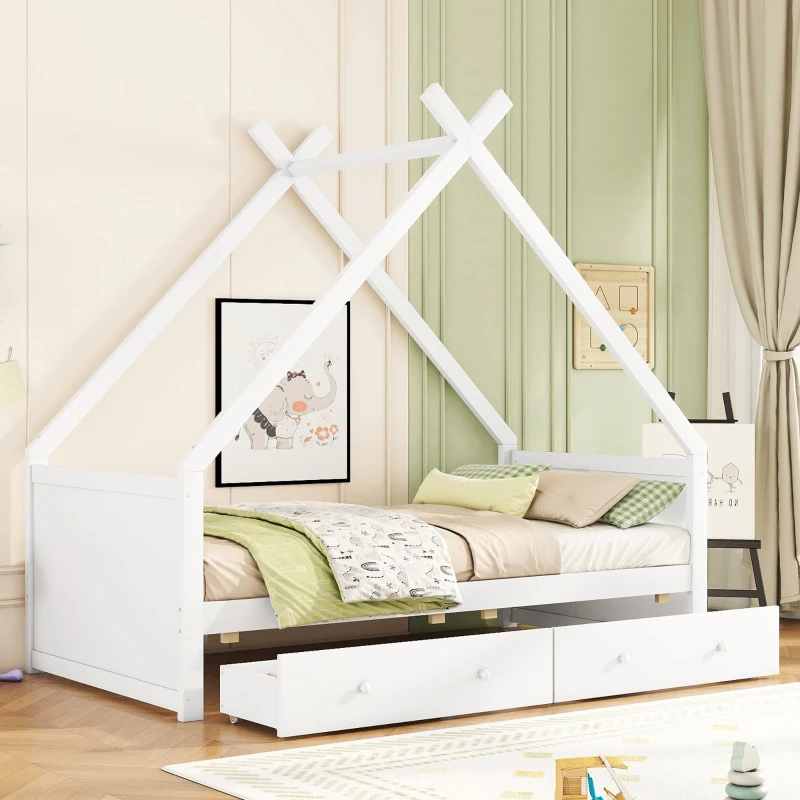 Letto a Casetta per Bambini con 2 Cassetti Estraibili, Letto per Cameretta in Legno e MDF, Senza Materasso, 90×200 cm, Bianco