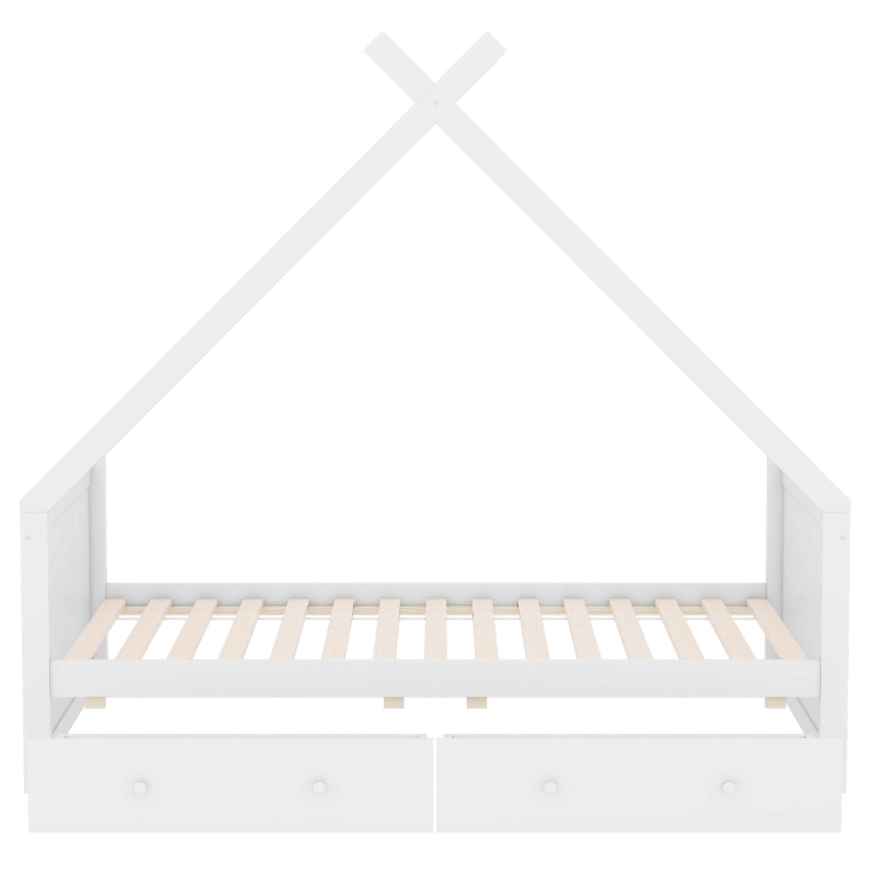 Letto a Casetta per Bambini con 2 Cassetti Estraibili, Letto per Cameretta in Legno e MDF, Senza Materasso, 90×200 cm, Bianco