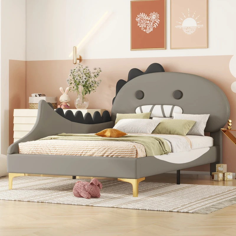 Lit pour enfant 90×200 cm, Forme de dinosaure cartoon,sans matelas, Gris
