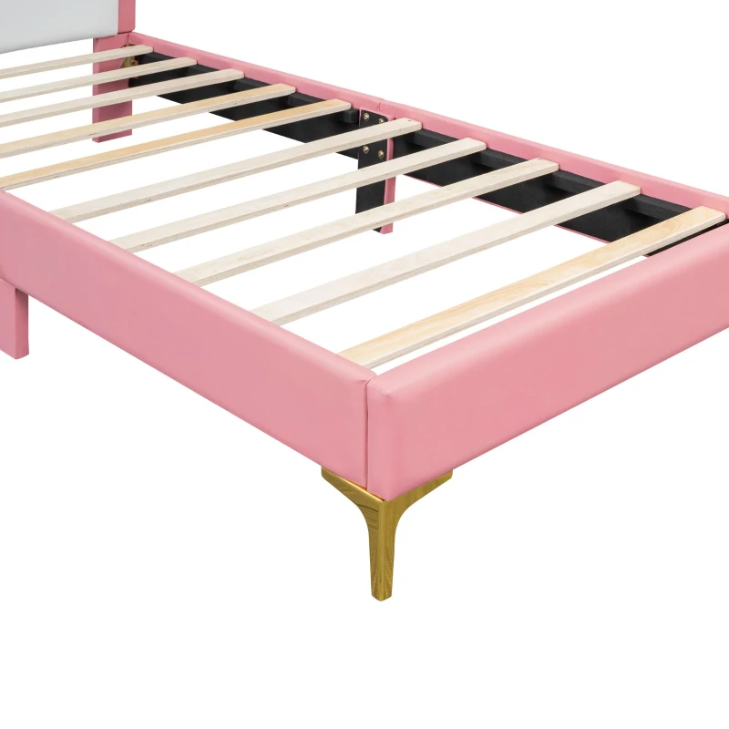 Cama acolchada 90×200 cm, con cabecera cómoda, sin colchón, Rosa