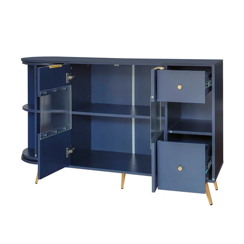 Buffet autoportant de rangement, avec Portes Coulissantes en Verre et Éclairages LED, 130×40×80 cm, Bleu