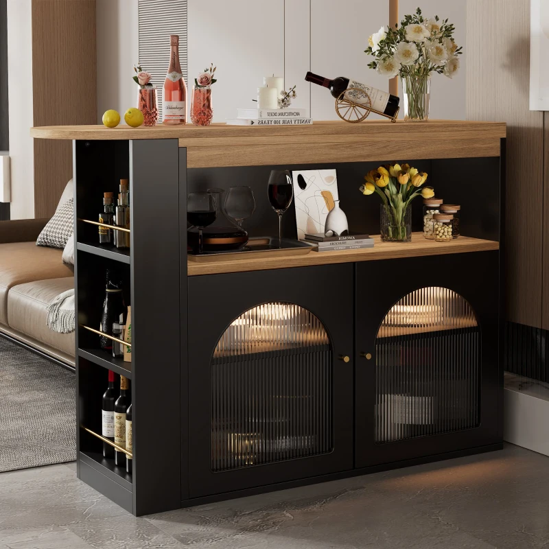 Table de bar extensible moderne, table à manger avec rangement, rotatif, avec bande lumineuse LED, 138-193×39×105 cm, Noir