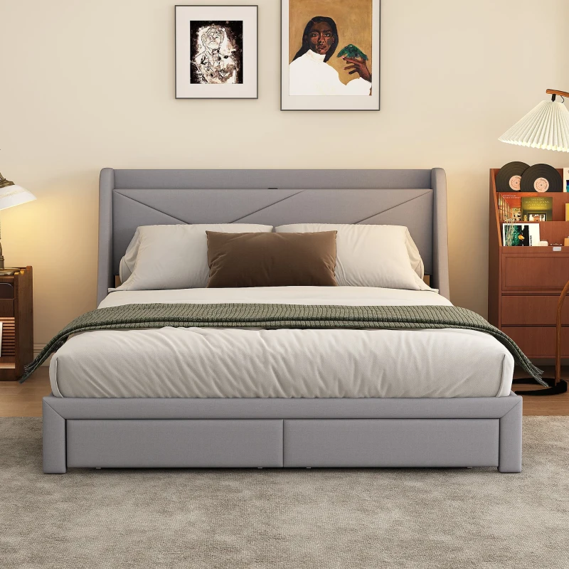 Letto imbottito con vano contenitore nella testiera, presa USB e cassetti alla base, senza materasso,140×200 cm, Grigio