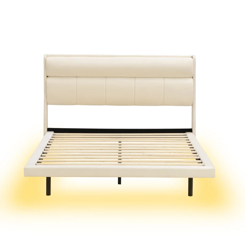 Letto imbottito moderno, con design sospeso e luce sensore, 140×200 cm,senza materasso,Beige