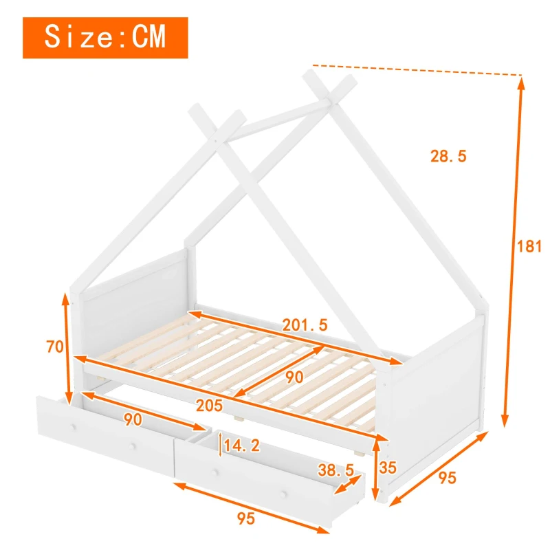 Letto a Casetta per Bambini con 2 Cassetti Estraibili, Letto per Cameretta in Legno e MDF, Senza Materasso, 90×200 cm, Bianco