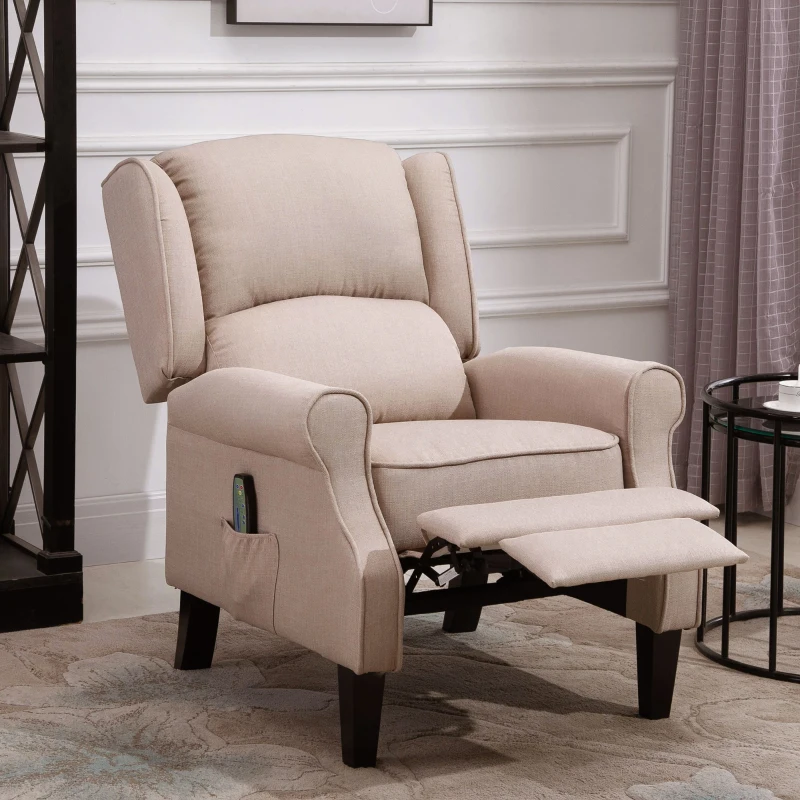 HOMCOM Heated Massage Reclining Armchair Thick Sponge Padded Linen Upholstery Metal Wood Frame Home Luxury Relaxation Beige