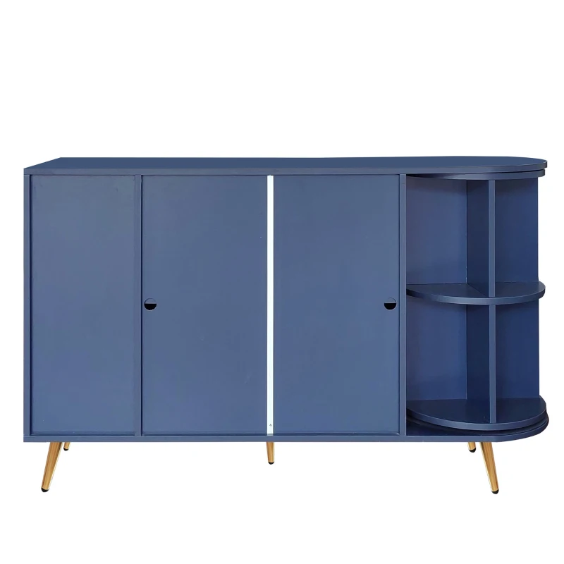 Sideboard Aufbewahrungsschränke mit Glastür und LED-Leuchten, Holzanrichte Freistehende Schränke, 130×40×80 cm, Blau