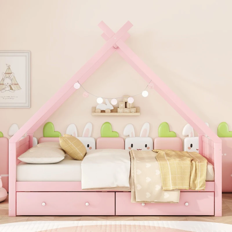 Letto per bambini a forma di casa, due cassetti sotto, senza materasso, 90×200 cm, Rosa