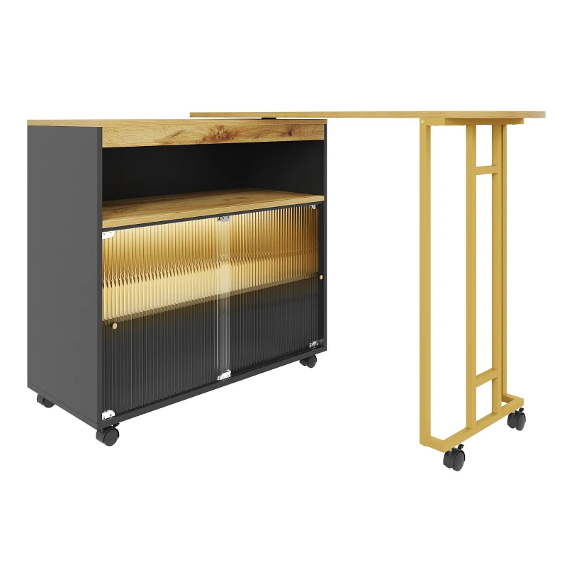 Table de bar extensible avec rangement, avec LED, mobile, Table haute bistrot îlot de cuisine, 138-204×39×105 cm, Noir