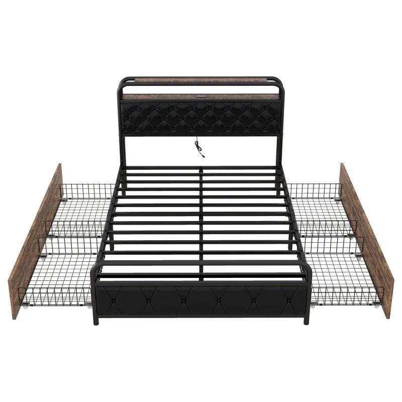 Lit multifonction 140×200 cm, avec éclairage d'ambiance, prises USB et 4 tiroirs,sans matelas, Noir