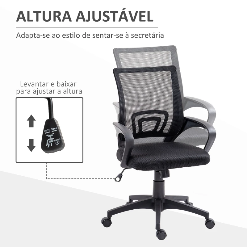 HOMCOM Cadeira de Escritório de Malha Giratória com Altura Ajustável Função Basculante e Apoio para os Braços 57x55x89-109 cm Preto