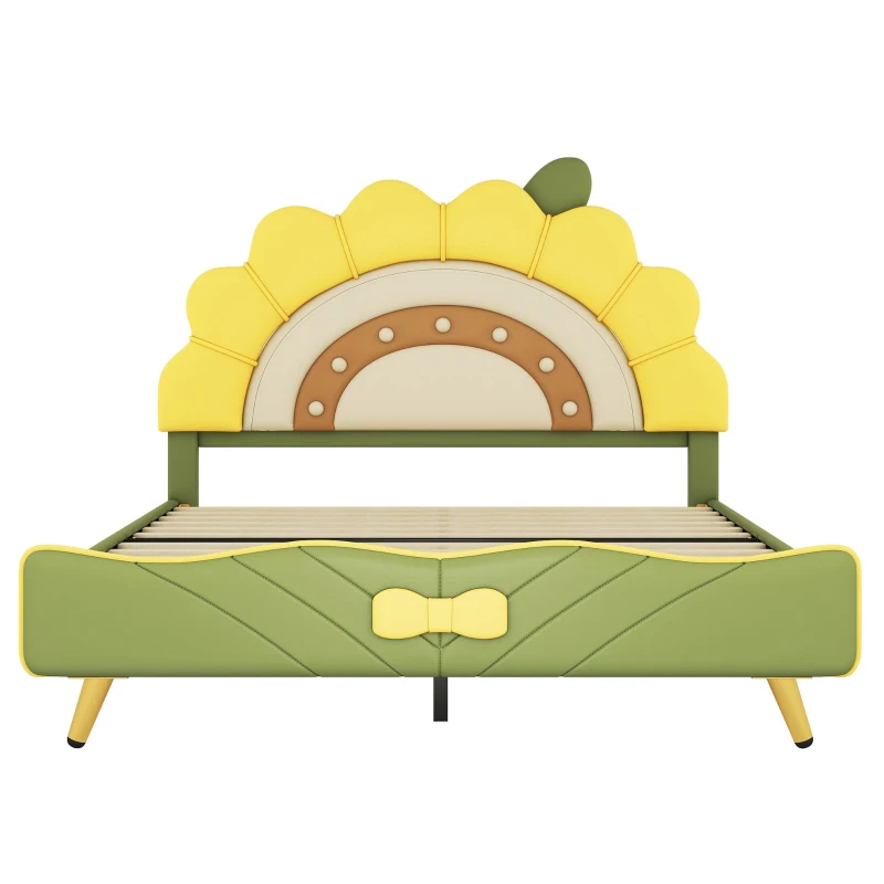 Lit pour enfant 140×200 cm, forme de tournesol, décoration avec nœuds,sans matelas, Jaune