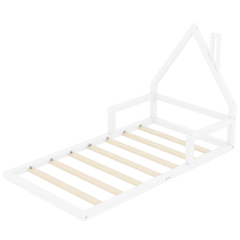 Letto Montessori a Forma di Casetta con Doghe in Legno, Letto per Cameretta per Bambini 4+ Anni, Senza Materasso, 90x200 cm, Bianco
