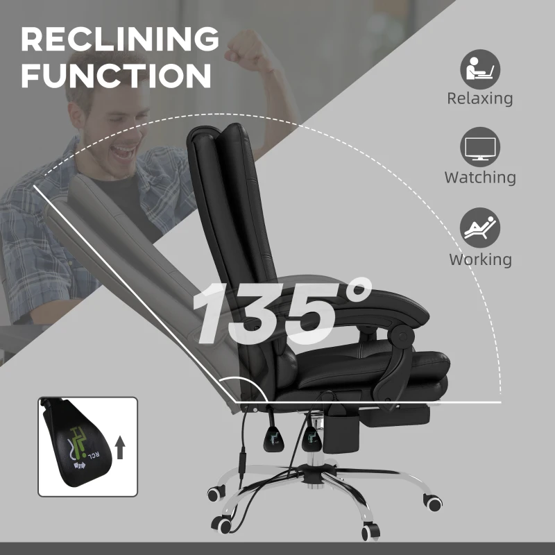 Vinsetto High Back Vibration Massage Office Chair, Heated Reclining PU Leather Computer Chair with 135° Reclining Back and Footrest, Black(m-6)