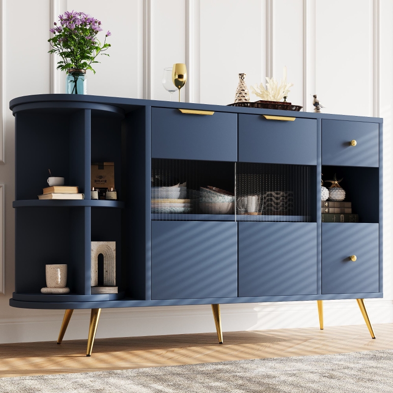 Sideboard Aufbewahrungsschränke mit Glastür und LED-Leuchten, Blau