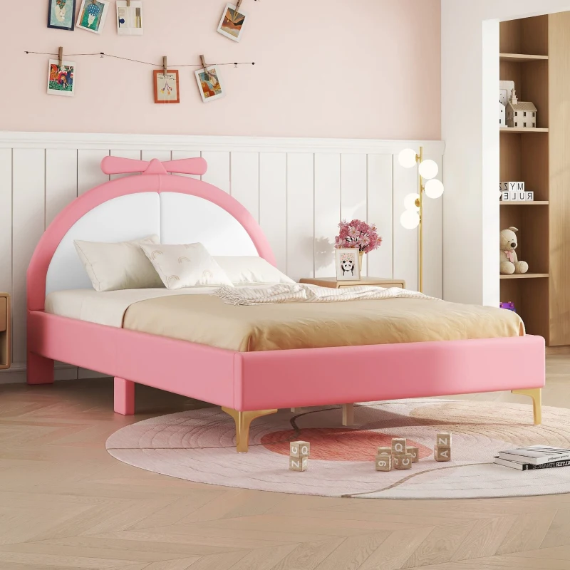 Lit rembourré 140×200 cm，avec une tête de lit confortable, sans matelas, Rose