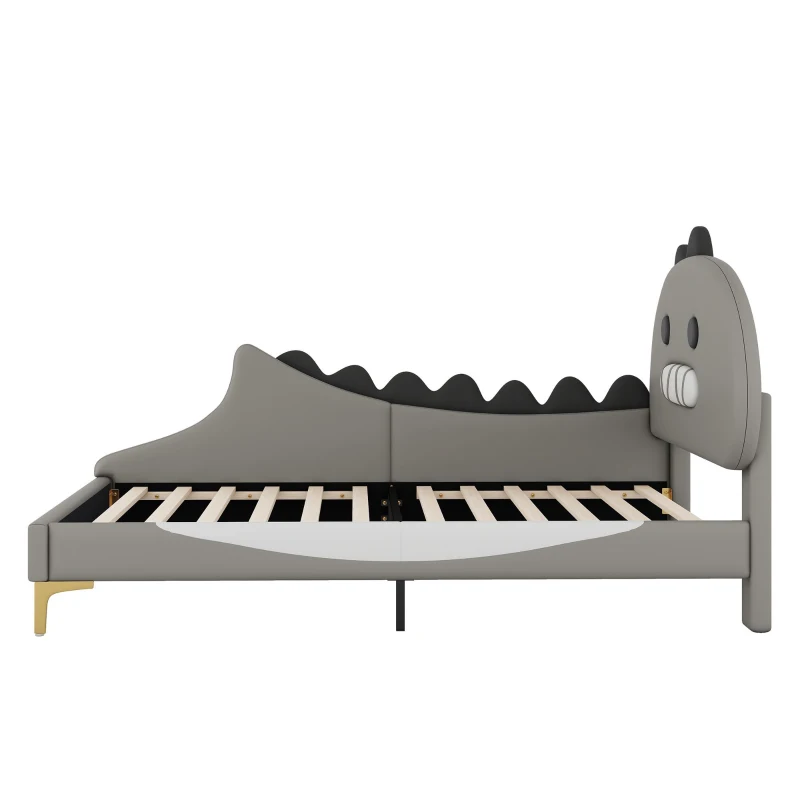 Letto Imbottito per Bambini 4+ Anni a Forma di Dinosauro con Doghe in Legno, Rivestimento in Pelle PU, Senza Materasso, 90×200 cm, Grigio