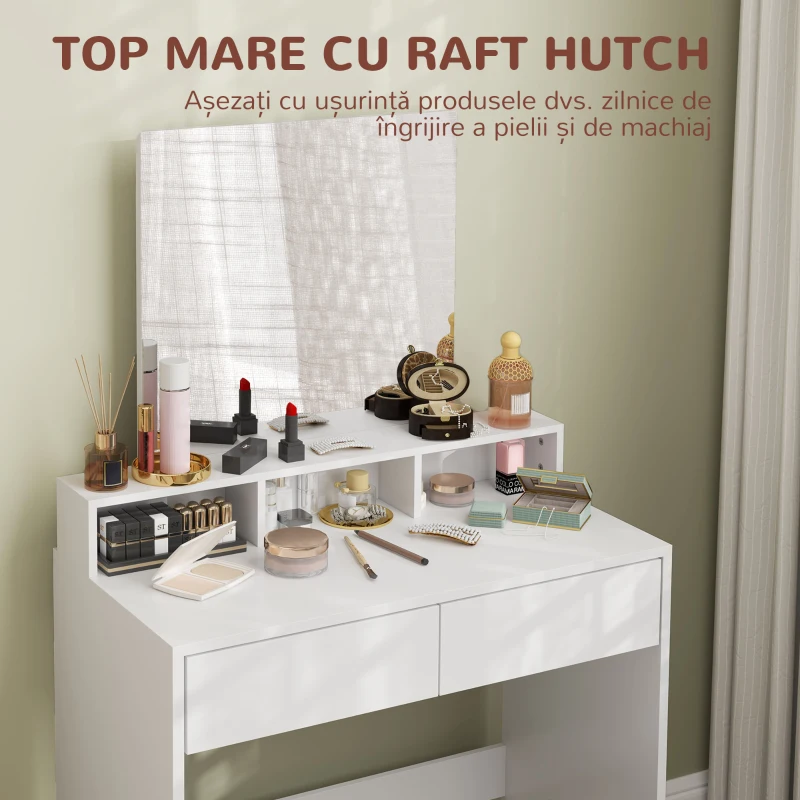 HOMCOM Masă de Toaletă cu Taburet, Masă de Machiaj cu Oglindă, 3 Rafturi, 2 Sertare, din Lemn, 75x38x135 cm, Alb