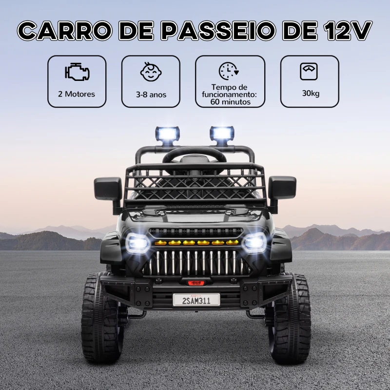 AIYAPLAY Carro Elétrico para Crianças Carro Elétrico Infantil UTV 12V com Velocidade Ajustável USB e Faróis  95x62,5x65 cm Preto