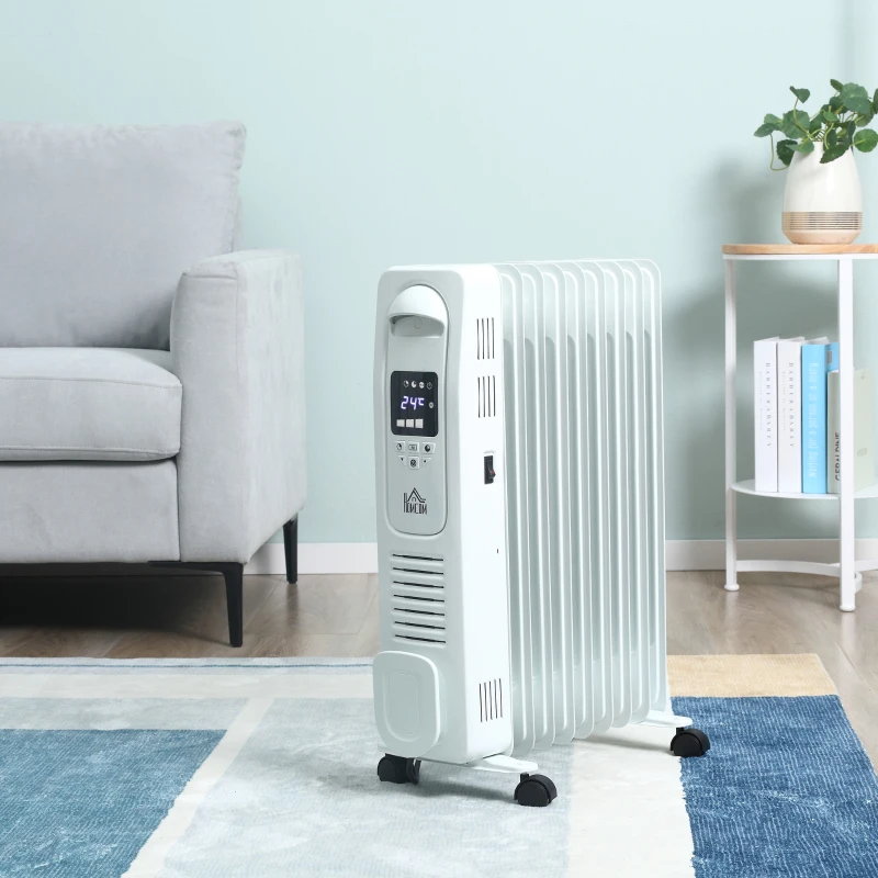 HOMCOM 2000W Digital Oil Filled Radiator, 9 Fin, Portable Electric Heater with LED Display, Timer, 3 Heat Settings, Safety Cut-Off and Remote Control, White