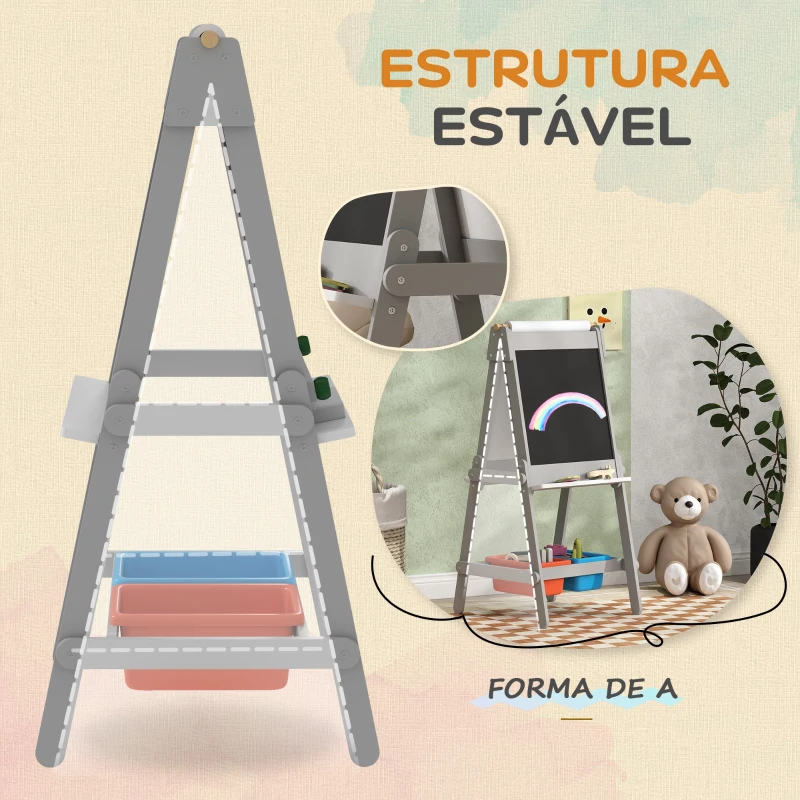 AIYAPLAY Cavalete para Crianças 3 em 1 Ardósia Dupla com Rolo de Papel Apagador e Caixas de Arrumação 51x50x108 cm Cinza