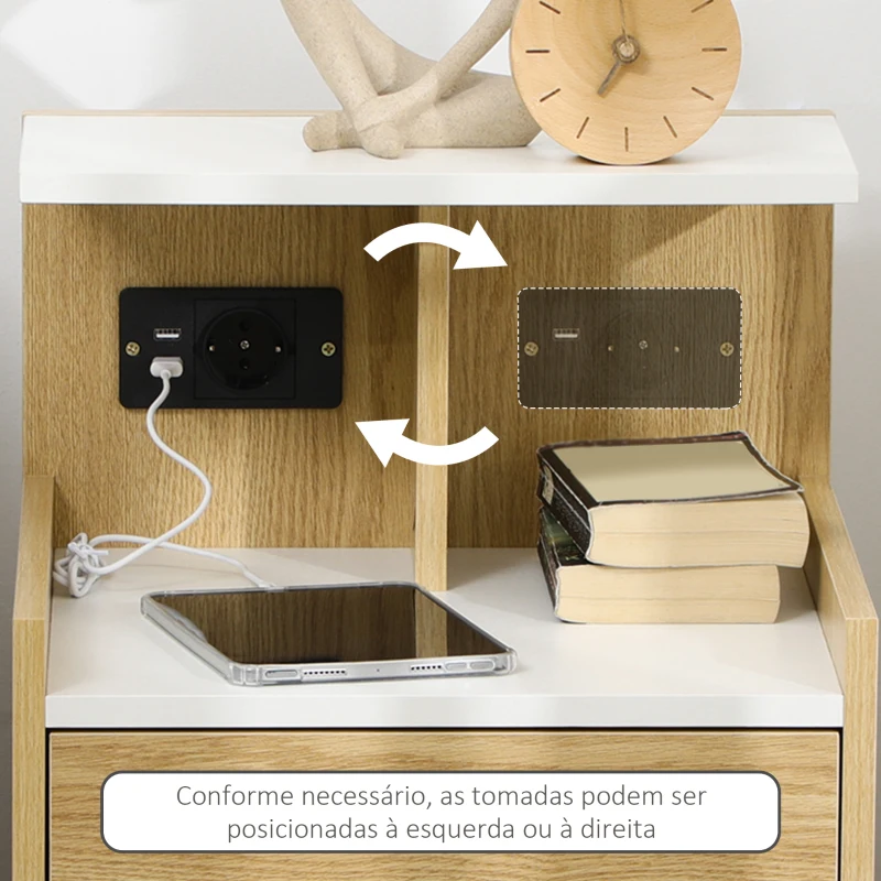 HOMCOM Mesa de Cabeceira Moderna Mesa de Cabeceira com Entrada USB Tomada Elétrica Gaveta e Prateleiras 40x40x60 cm Madeira