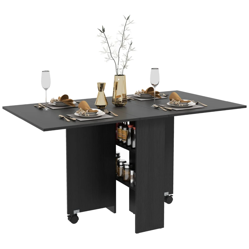 HOMCOM Masă Pliabilă, Masă Rabatabilă pentru 4-6 Persoane cu 2 Rafturi și 2 Roți, din Lemn și Metal, 140x80x74 cm, Negru(m-10)