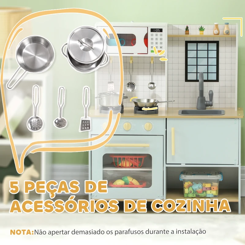 AIYAPLAY Cozinha de Madeira para Crianças acima de 3 Anos Cozinha de Brincar Infantil com Som Fogão Lavatório Micro-Ondas e Acessórios Azul