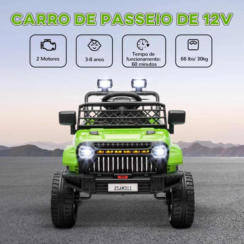 AIYAPLAY Carro Elétrico para Crianças Carro Elétrico Infantil UTV 12V com Velocidade Ajustável USB e Faróis  95x62,5x65 cm Verde