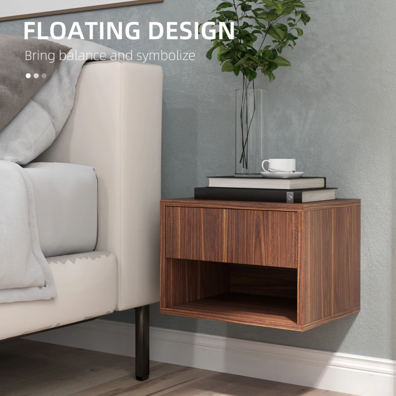 HOMCOM Set 2 Noptiere Suspendate cu Sertar și Raft Inferior Deschis, Noptiere pentru Dormitor din MDF, 40x34x29 cm, Maro(m-5)