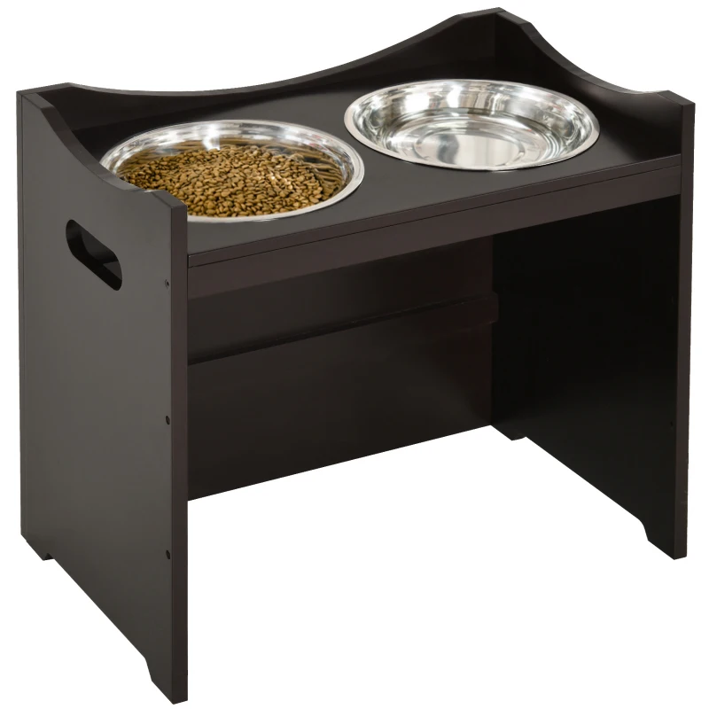 PawHut Comedouro para Cães Elevado Comedouro para Cães com 2 Tigelas de Aço Inoxidável e Altura Ajustável 54x31,5x47 cm Marrom