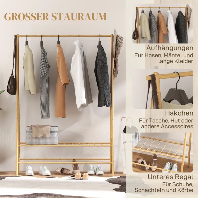 HOMCOM Bamboe Kledingrek met Schoenenrek en Haken, Vrijstaand, voor Entree, Slaapkamer, Natuurlijk Hout
