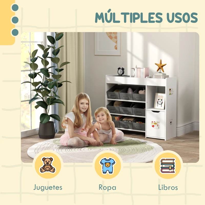 AIYAPLAY Organizador Infantil con Compartimentos 9 Cestas Extraíbles y Láminas de Pegatinas 92x30x80 cm Blanco
